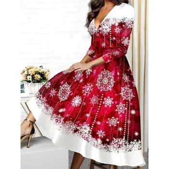 Women's Winter Dress Swing Dress Snowflake Print V Neck Midi Dress Fashion Streetwear Outdoor Daily 3/4 Length Sleeve Regular Fit Red Blue Green Fall Winter S M L XL XXL