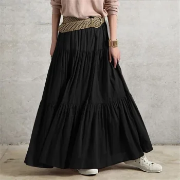 Women's Skirt Swing Long Skirt Maxi Cotton Linen Black Wine Purple Brown Skirts Spring & Summer Ruched Ruffle Fashion Casual Street Daily S M L