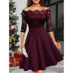Women's Party Dress Lace Dress Wedding Guest Dress Midi Dress Wine Dark Blue Half Sleeve Pure Color Lace Spring Fall Winter Off Shoulder Fashion Winter Dress Wedding Guest Evening Party S M L XL