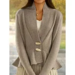 Women's Cardigan Sweater Jacket V Neck Ribbed Knit Acrylic Ruffle Button Knitted Fall Winter Short Outdoor Daily Going out Stylish Casual Soft Long Sleeve Solid Color Black White Green S M L