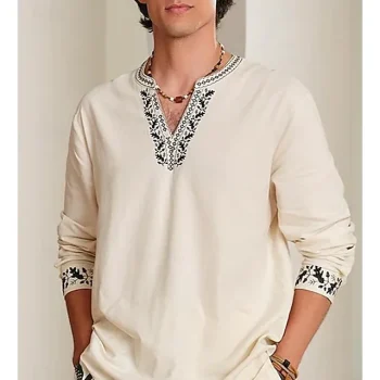 Elite Men's Shirt 55% Linen Shirt Upgrade Embroidered Striped Graphic Prints Stand Collar Blue Khaki Gray Outdoor Street Long Sleeve Print Embroidered Clothing Fashion Streetwear Designer Casual