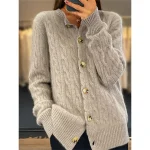 Women's Cardigan Crew Neck Cable Knit Acrylic Button Knitted Fall Winter Regular Outdoor Daily Going out Fashion Streetwear Casual Long Sleeve Solid Color White Pink Camel S M L