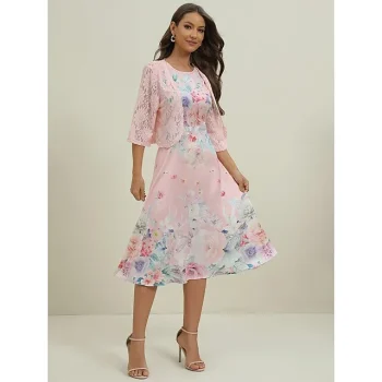 Women's Two Piece Dress Set Party Dress Lace Dress Party Wedding Guest Elegant Fashion Print Lace Midi Dress V Neck Half Sleeve Floral Regular Fit Pink Fall Winter S M L XL XXL