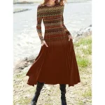Women's Winter Dress Swing Dress Tribal Print Pocket Crew Neck Midi Dress Fashion Streetwear Outdoor Daily Long Sleeve Regular Fit Red Purple Orange Fall Winter S M L XL XXL