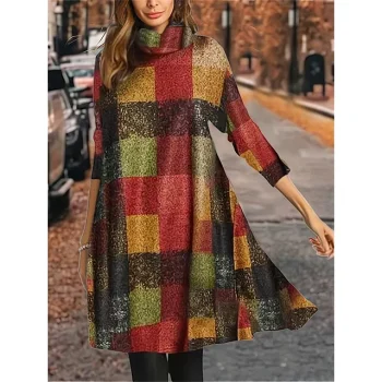 Women's Winter Dress Print Dress Leaf Plaid Print Turtleneck Midi Dress Fashion Streetwear Outdoor Street 3/4 Length Sleeve Loose Fit Red Dark Green Green Fall Winter S M L XL XXL