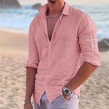 Faith Casual Resort Men's Shirt Linen Shirt Outdoor Daily Vacation Spring & Fall Lapel Long Sleeve Black, White, Pink S, M, L Cotton Linen Shirt