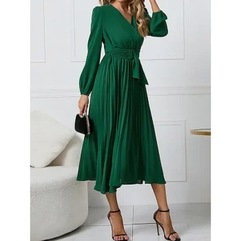 Women's Casual Dress Plain Dress Midi Dress Lace up Pleated Outdoor Street Daily Fashion Streetwear V Neck Long Sleeve Regular Fit Black Red Navy Blue Color S M L XL XXL Size