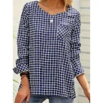 Women's Plus Size Shirt Plaid Casual Holiday Bell Sleeve Royal Blue Sky Blue Pocket Long Sleeve Fashion Casual V Neck Loose Fit Spring & Fall All Seasons