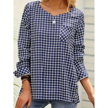 Women's Plus Size Shirt Plaid Casual Holiday Bell Sleeve Royal Blue Sky Blue Pocket Long Sleeve Fashion Casual V Neck Loose Fit Spring & Fall All Seasons