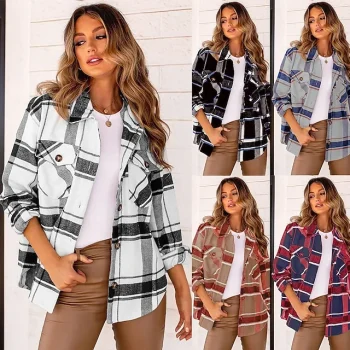 Women's Blouse Shacket Plaid Casual White Brown Gray Print Button Pocket Long Sleeve Fashion Shirt Collar Regular Fit Spring & Fall