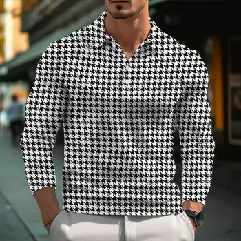 Men's Polo Shirt Golf Shirt Casual Sports Lapel Long Sleeve Fashion Basic Houndstooth Button Spring & Fall Regular Fit White Red Gray Polo Shirt