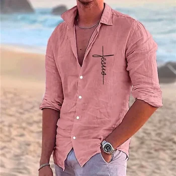 Letter Casual Men's Shirt Linen Shirt Outdoor Daily Vacation Spring & Fall Lapel Long Sleeve White, Pink, Green S, M, L Polyester Shirt