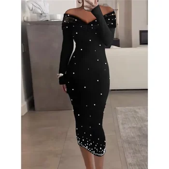 Women's Black Dress Party Dress Cocktail Dress Midi Dress Black Red Navy Blue Long Sleeve Pure Color Beads Spring Fall Winter Off Shoulder Fashion Winter Dress Christmas Wedding Guest Slim S M L