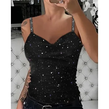 Women's Tank Top Camisole Polka Dot Sparkly Party Casual Black Print Rhinestone Sleeveless Fashion V Neck Regular Fit Spring & Summer