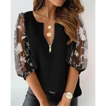 Women's Blouse Floral Casual Black Mesh Patchwork Quarter Zip 3/4 Length Sleeve Fashion Round Neck Regular Fit Spring & Fall