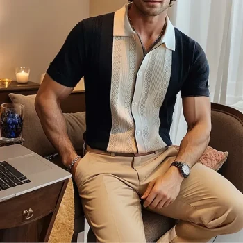 Men's Knit Polo Casual Holiday Lapel Button Short Sleeve Fashion Modern Color Block Button Summer Black Yellow Knit Polo